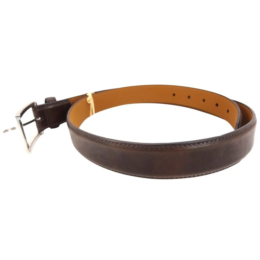 Leather Dress Belt Mens 34 Dark Brown Excellent Brushed Silver Buckle Classic